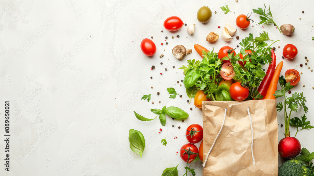 Fresh and healthy vegan food ingredients in a paper bag on a white background. Plenty of space for text, banner. Shopping for healthy food and eating clean vegan concepts. Fresh and healthy vegan food ingredients in a paper bag on a white background. Plenty of space for text, banner. Shopping for healthy food and eating clean vegan concepts.