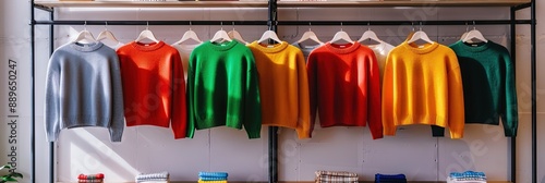 Wallpaper Mural colorful fall sweaters hanging on clothing rack in modern clothing store,  Torontodigital.ca