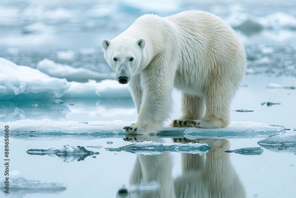 Polar bear standing on an ice floe in the Arctic, reflecting in the calm water. Symbol of climate change and Arctic wildlife conservation. Polar bear standing on an ice floe in the Arctic, reflecting in the calm water. Symbol of climate change and Arctic wildlife conservation.