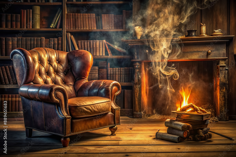Fototapeta premium Cozy, dimly lit philosopher's study with worn leather armchair, scattered parchment, and a smoldering log emitting wisps of smoke, evoking contemplation of warmth's essence.