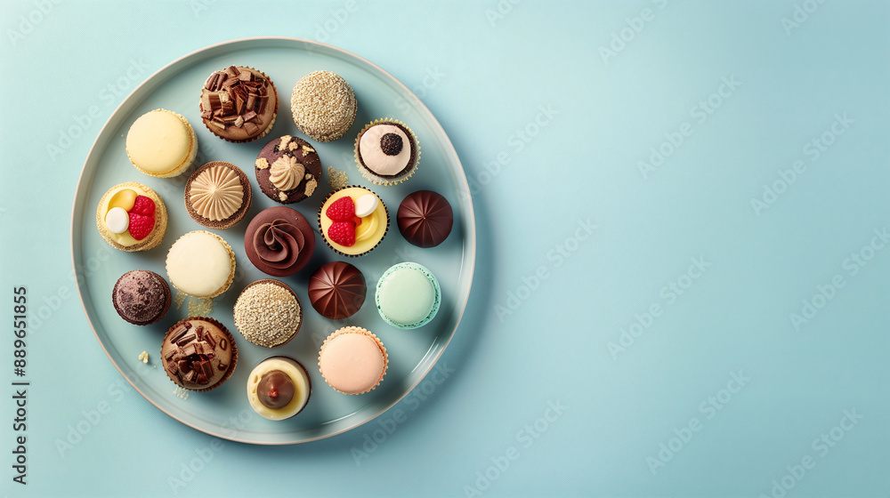 Assorted Gourmet Chocolates on a Plate on a Light Blue Background, perfect for dessert menus, confectionery advertisements, and food photography blogs
Assorted Gourmet Chocolates on a Plate on a Light Blue Background, perfect for dessert menus, confectionery advertisements, and food photography blogs
