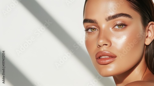 A beauty model with glowing skin, her hair styled in a sleek, simple updo, high-resolution photo, realistic photo, hyper realistic