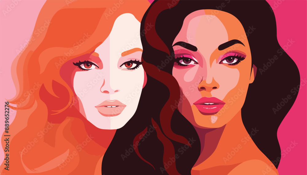 Three beautiful women with long hair and bright make-up. Vector illustration Three beautiful women with long hair and bright make-up. Vector illustration