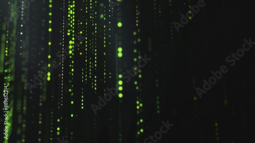 A dark background with multiple vertical lines of green binary code raining down, creating a futuristic or digital aesthetic.