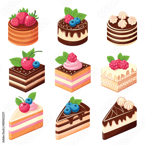 Vector Set of nine different types of cakes with berries on top. Chocolate, vanilla and honey cakes covered with white icing, cream and chocolate.