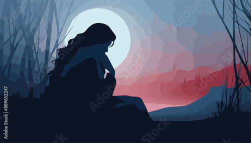 Silhouette of a girl in the forest at night. Vector illustration