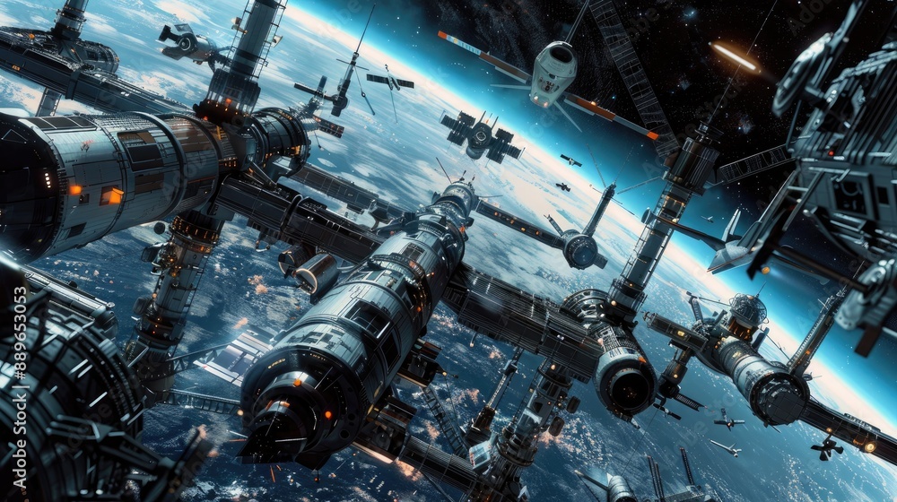 A futuristic space station with various spacecraft docked and departing. A futuristic space station with various spacecraft docked and departing.
