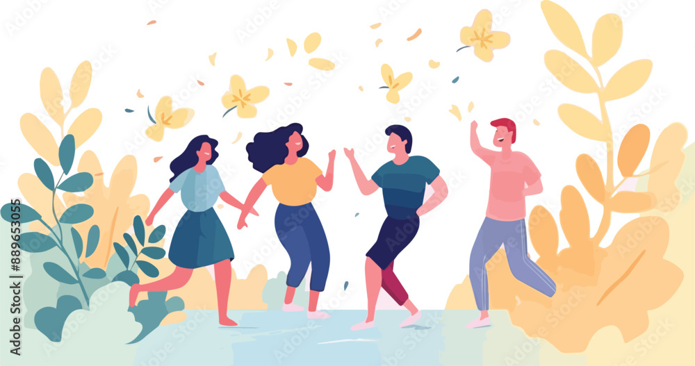 Happy people dancing together in the park. Vector illustration in flat style Happy people dancing together in the park. Vector illustration in flat style