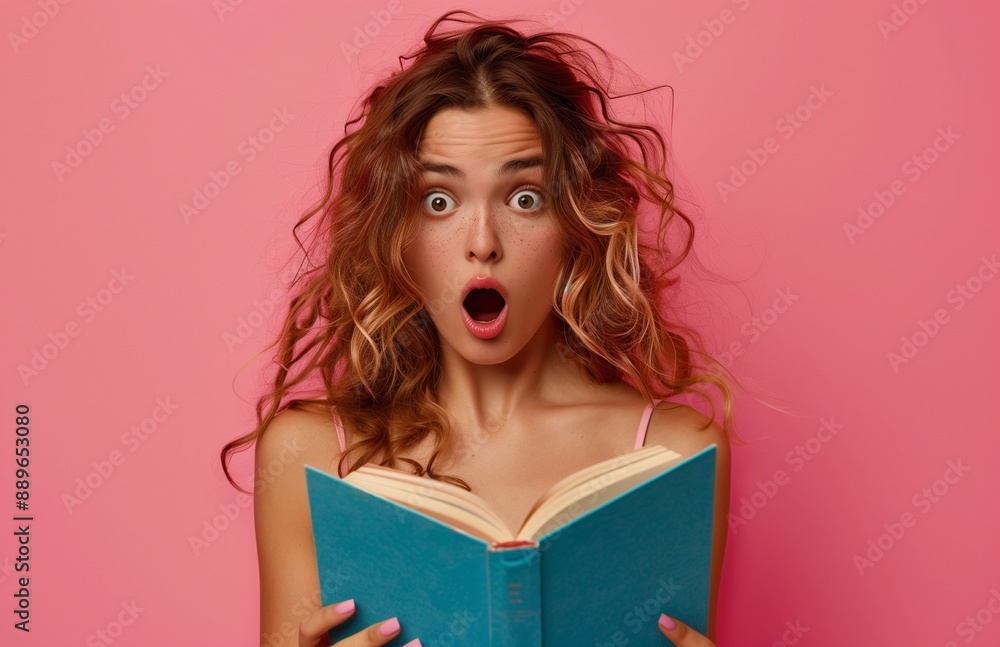 A woman holding an open book, mouth agape in surprise A woman holding an open book, mouth agape in surprise