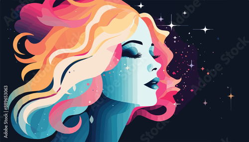 Beautiful woman with long curly hair and stars. Vector illustration.