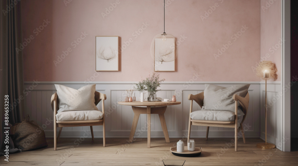 Seek solace and comfort in a cozy Scandinavian sanctuary with two chrs, a central table, and an empty canvas agnst a backdrop of pure pink. Seek solace and comfort in a cozy Scandinavian sanctuary with two chrs, a central table, and an empty canvas agnst a backdrop of pure pink.