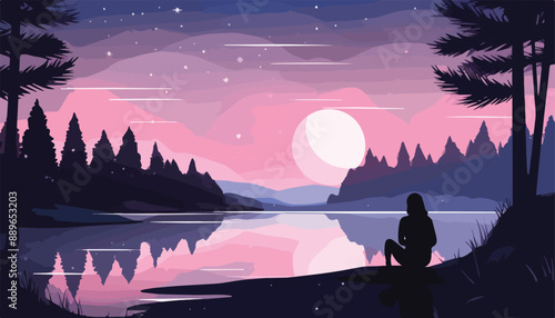 Vector illustration of a woman sitting by the lake in the forest at night