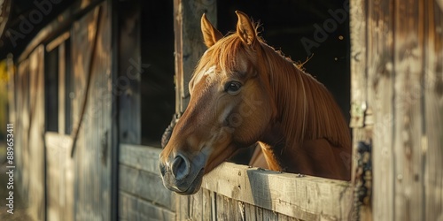 A beautiful brown horse peering out from a wooden stable on a sunny day, capturing a sense of freedom and tranquility in the countryside.