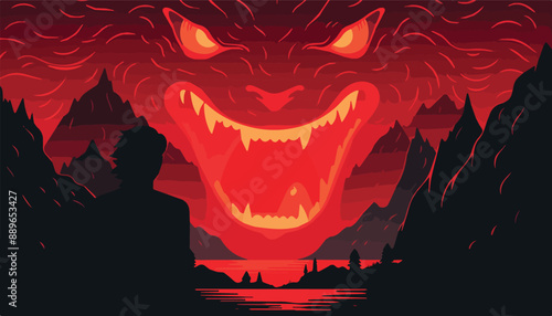 Scary monster in the background of the mountains. Vector illustration.