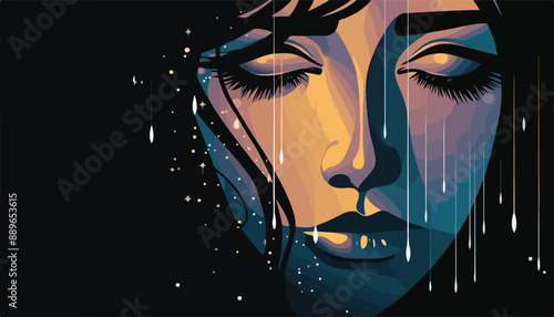 Beautiful woman face with drops of rain on her face. Vector illustration.