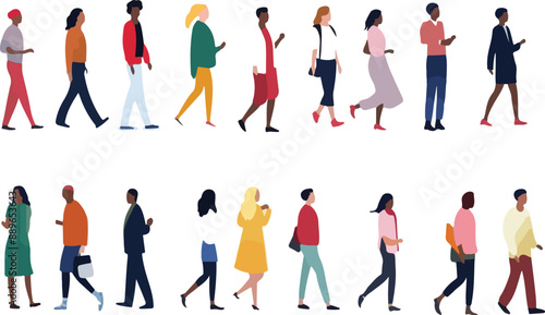 Vector illustration of a group of people walking in the street. Men and women.