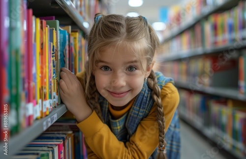 A joyful young girl reaches up to place a book on a library shelf at school