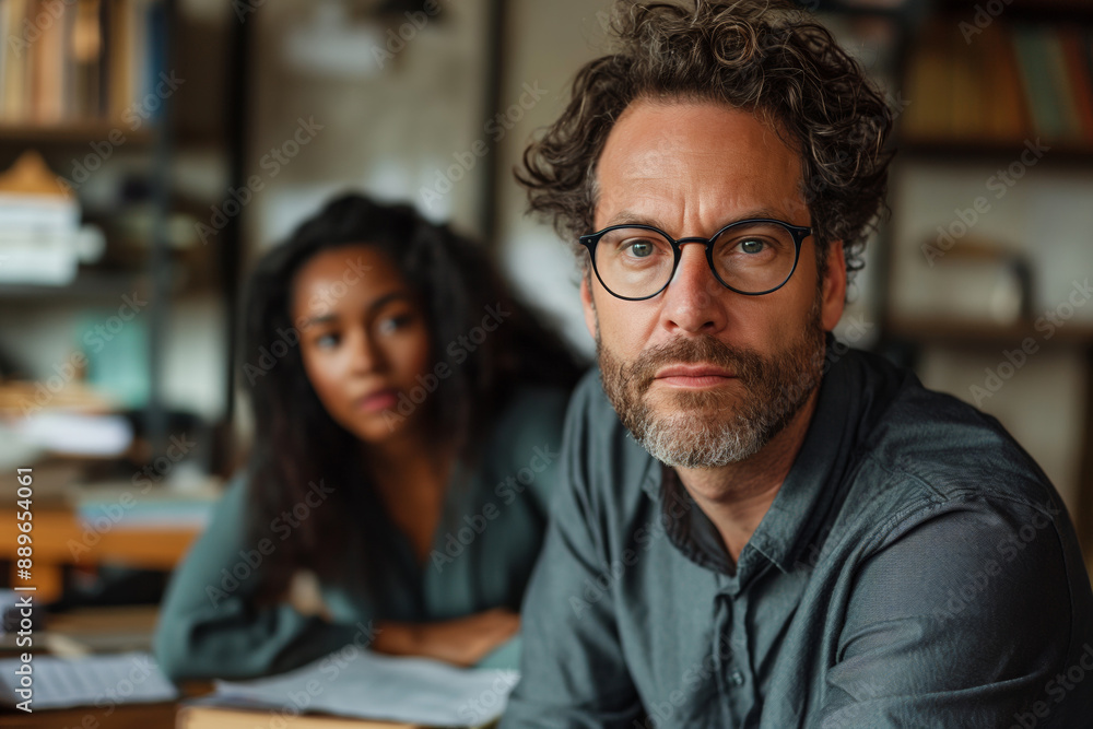 Thoughtful man with glasses in office setting. An ideal image for illustrating contemplation or concern about legal issues. Perfect for divorce and divorce lawyer-related content. Thoughtful man with glasses in office setting. An ideal image for illustrating contemplation or concern about legal issues. Perfect for divorce and divorce lawyer-related content.
