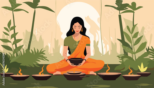 Vector illustration of a young woman sitting on the grass and meditating in the lotus position