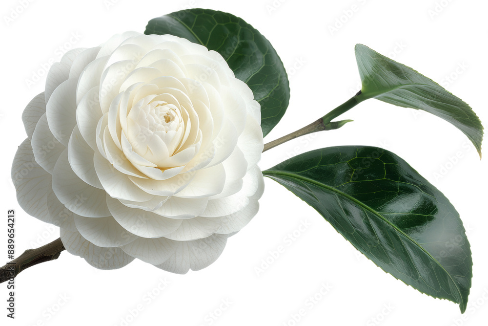 Fototapeta premium White Camellia Flower With Green Leaves
