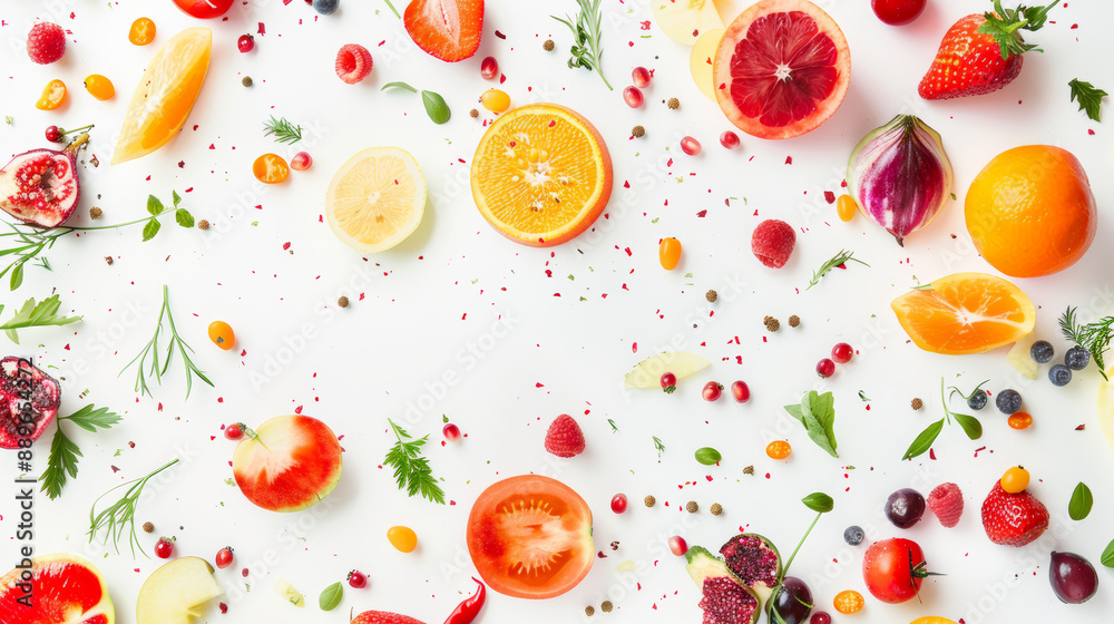 Colorful fruits and veggies float in front of a white backdrop, bursting with freshness. Colorful fruits and veggies float in front of a white backdrop, bursting with freshness.
