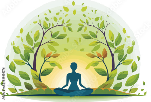 Illustration of a woman practicing yoga in a tree with leaves on a white background