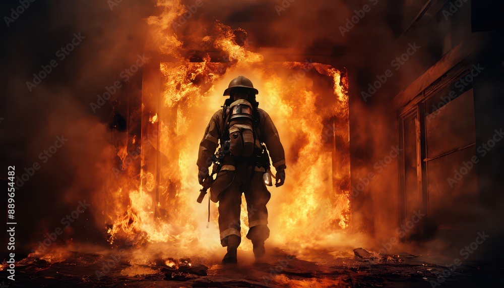 Obraz premium Firefighter Battling Blaze at Nighttime