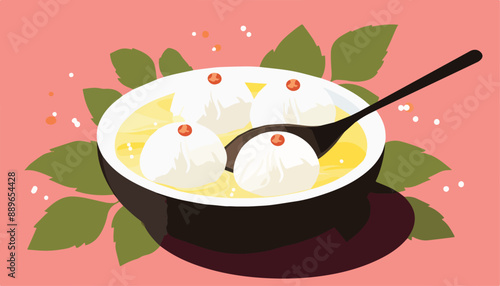 Illustration of a bowl of steamed dumplings with a spoon