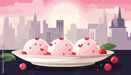 Cranberry ice cream vector illustration. Sweet dessert with cherries in a plate.