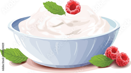 Illustration of a bowl of sour cream with raspberries on a white background