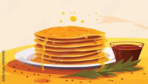 delicious pancakes with honey and cup of coffee in the table vector illustration design