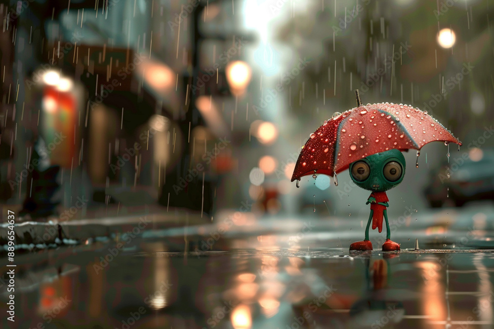 custom made wallpaper toronto digitalA sad and cute small alien monster holding an umbrella and standing outside on the street during a rainy evening