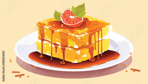 Cake with honey and orange on a plate. Vector illustration.