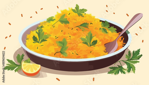 Illustration of a bowl of rice garnished with parsley and lemon
