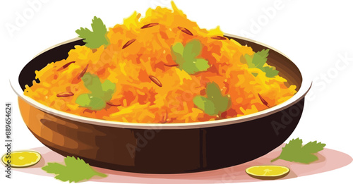 Illustration of a bowl of spicy rice garnished with parsley