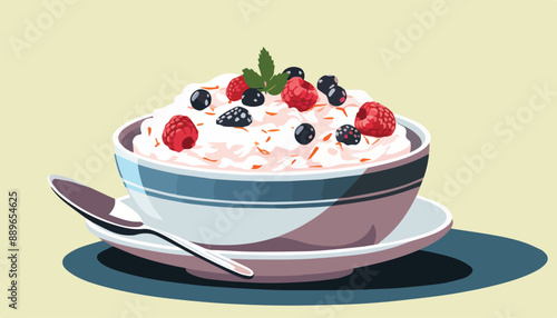 Illustration of a bowl of oatmeal with fresh berries and spoon