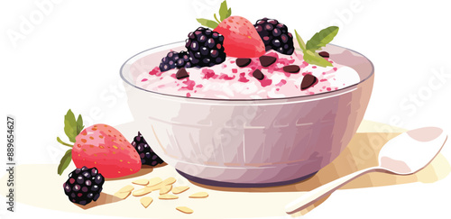 Illustration of a bowl of yogurt with fresh berries on a white background