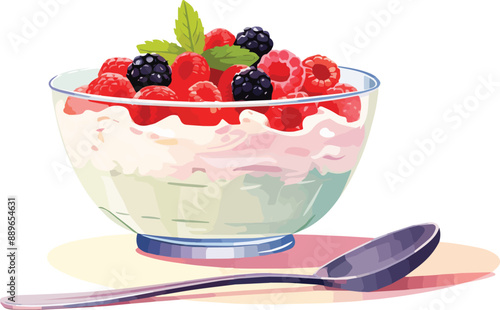 Illustration of a bowl of yogurt with raspberries and blackberries