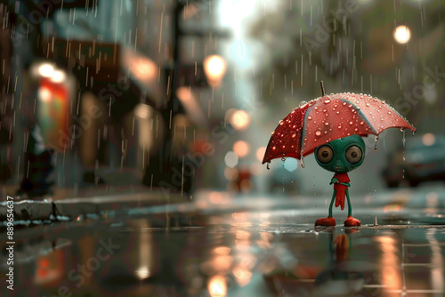 Wallpaper Mural A sad and cute small alien monster holding an umbrella and standing outside on the street during a rainy evening Torontodigital.ca