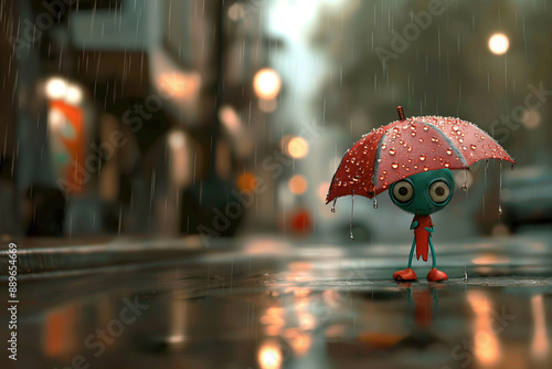 Wallpaper Mural A sad and cute small alien monster holding an umbrella and standing outside on the street during a rainy evening Torontodigital.ca