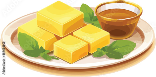 Illustration of a plate with a piece of butter and a cup of honey