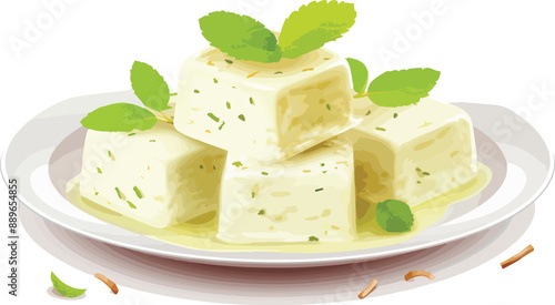 Illustration of a plate of feta cheese on a white background