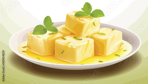 Illustration of a plate of yellow butter with mint on a white background