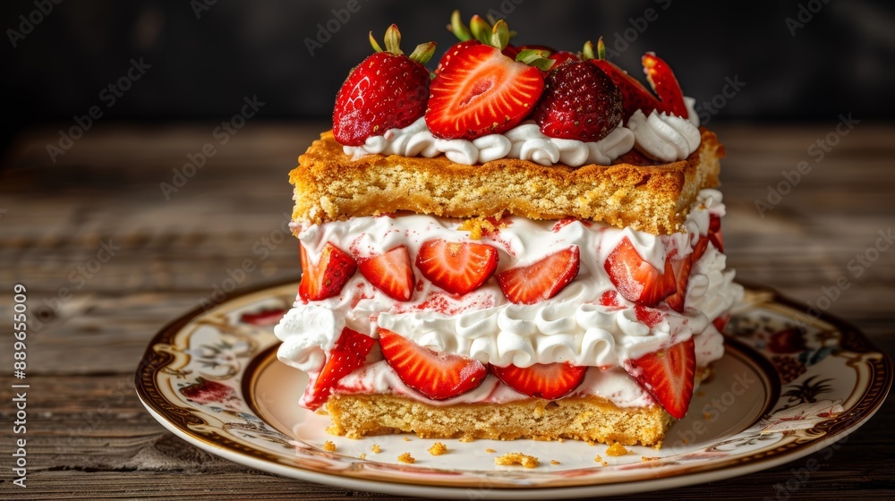 A detailed shot of a strawberry shortcake with layers of whipped cream and fresh strawberries A detailed shot of a strawberry shortcake with layers of whipped cream and fresh strawberries