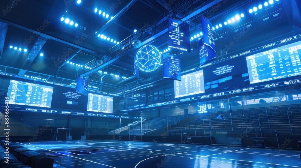 Fototapeta premium A futuristic sports arena with advanced holographic displays and floating scoreboards.
