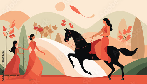 Vector illustration of a girl in a red dress riding a horse.