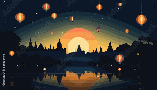 Hanging lanterns in the night sky. Vector Illustration.