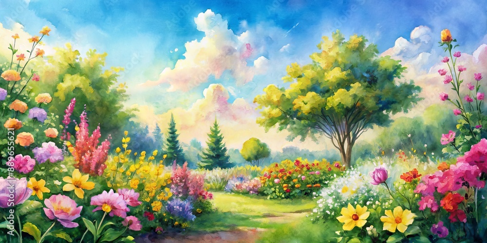 Obraz premium Watercolor Garden Path with Blooming Flowers and a Tree, watercolor , painting , garden , nature , flower , path