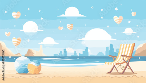 Beach scene with sun lounger and beach ball. Vector illustration
