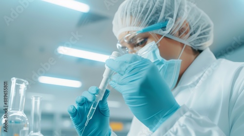 A detailed shot of a lab technician working with a CRISPR gene-editing tool, under bright lab lights, high-resolution photo, realistic photo, cinematography, hyper realistic photo